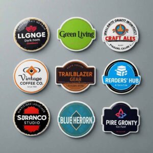 Custom die cut sticker with unique shape Precision-cut vinyl die cut sticker on surface Colorful die cut stickers spread on table Branded custom die cut sticker applied to laptop