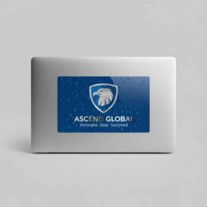 Custom waterproof sticker on outdoor bottle Durable waterproof vinyl sticker close-up Weatherproof sticker applied to packaging Custom printed waterproof sticker with glossy finish